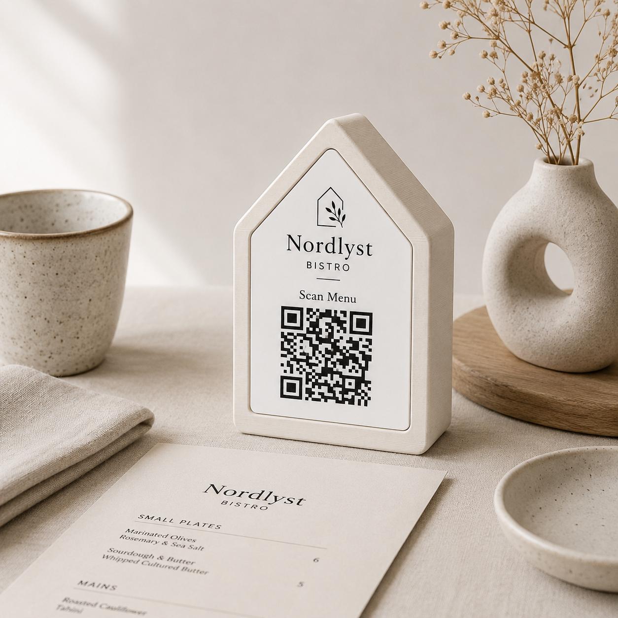Qr code Linea stile NORDIC scandinavo minimal giallo Espositore Menu QR Code in Stampa 3D e Lastra in legno di pioppo Incisa al Laser
