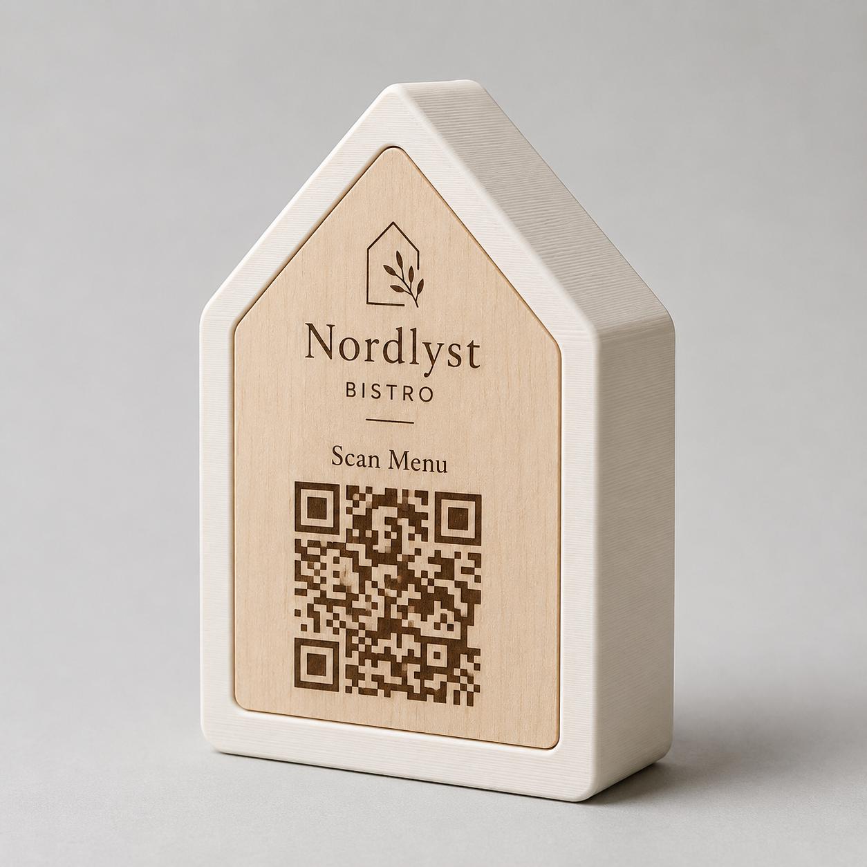 Qr code Linea stile NORDIC scandinavo minimal giallo Espositore Menu QR Code in Stampa 3D e Lastra in legno di pioppo Incisa al Laser