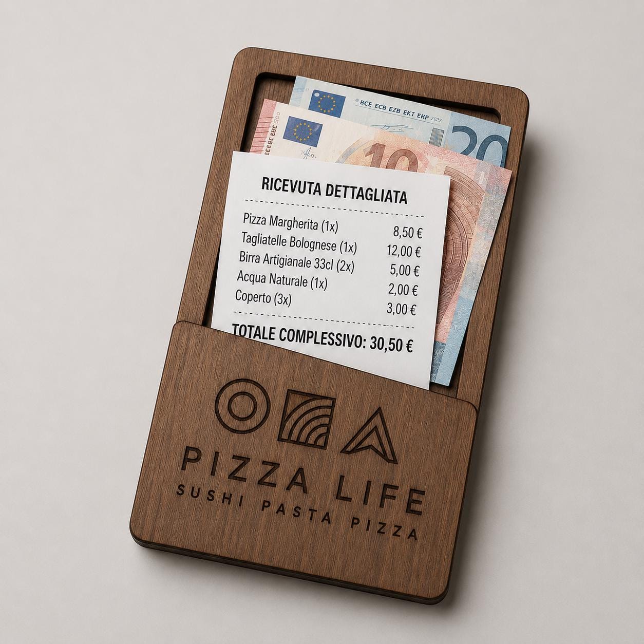 Portaricevuta in legno mogano con incisione logo ristorante personalizzato, segnatavolo inciso laser per menu digitale ristorante bar hotel