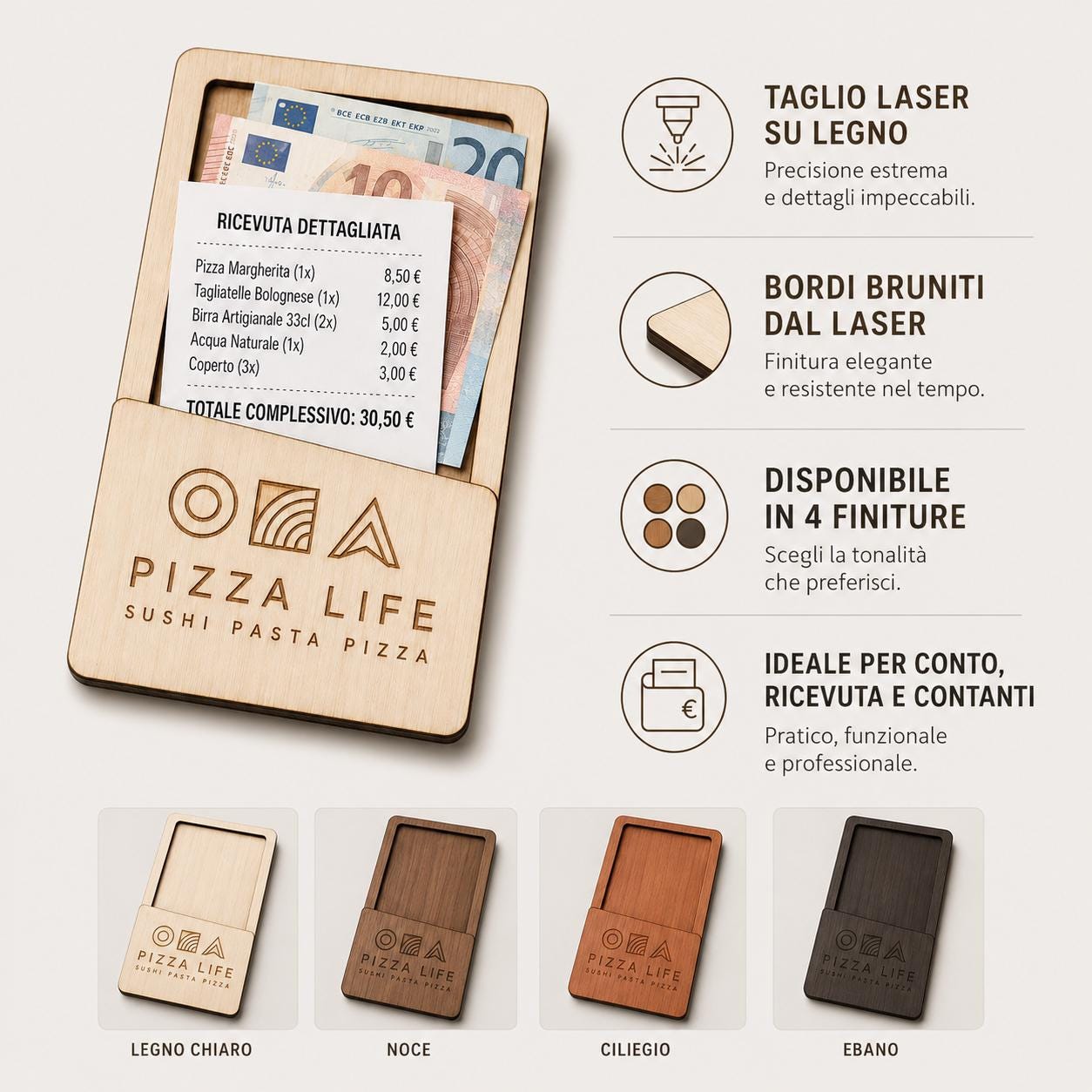 Portaricevuta in legno mogano con incisione logo ristorante personalizzato, segnatavolo inciso laser per menu digitale ristorante bar hotel