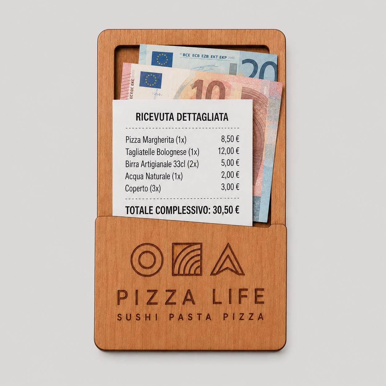 Portasoldi in legno noce con incisione logo ristorante personalizzato, segnatavolo inciso laser per menu digitale ristorante bar hotel