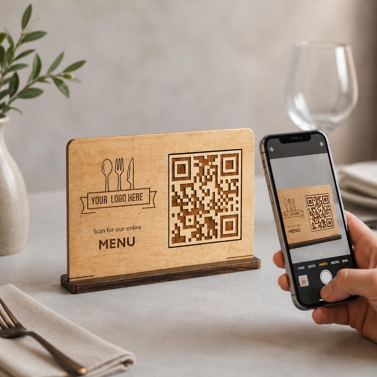 QR Code da tavolo in legno color noce personalizzato, segnatavolo inciso laser per menu digitale ristorante bar hotel