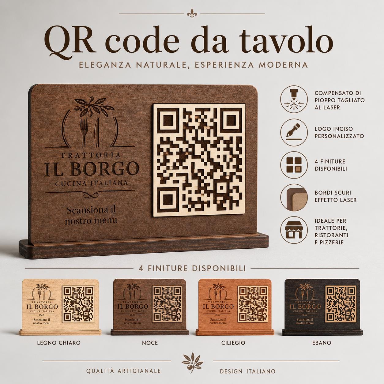 Dettaglio reale del supporto QR Code in legno chiaro inciso