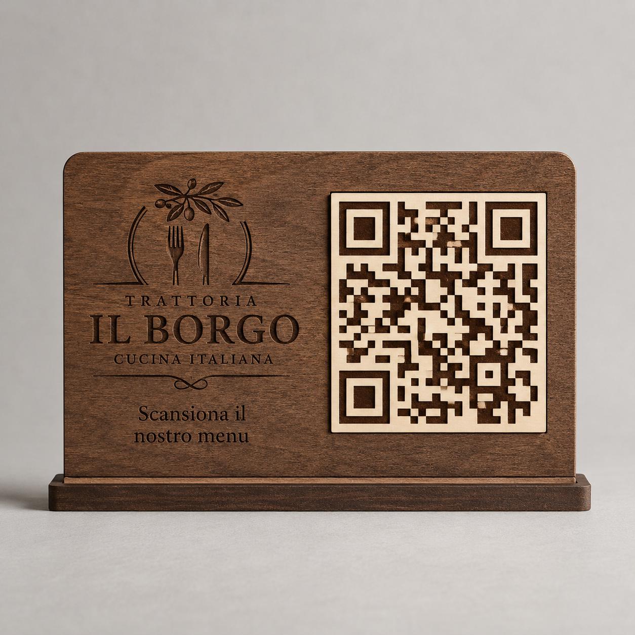 Porta QR code da tavolo in legno effetto noce con basetta e incisione personalizzata