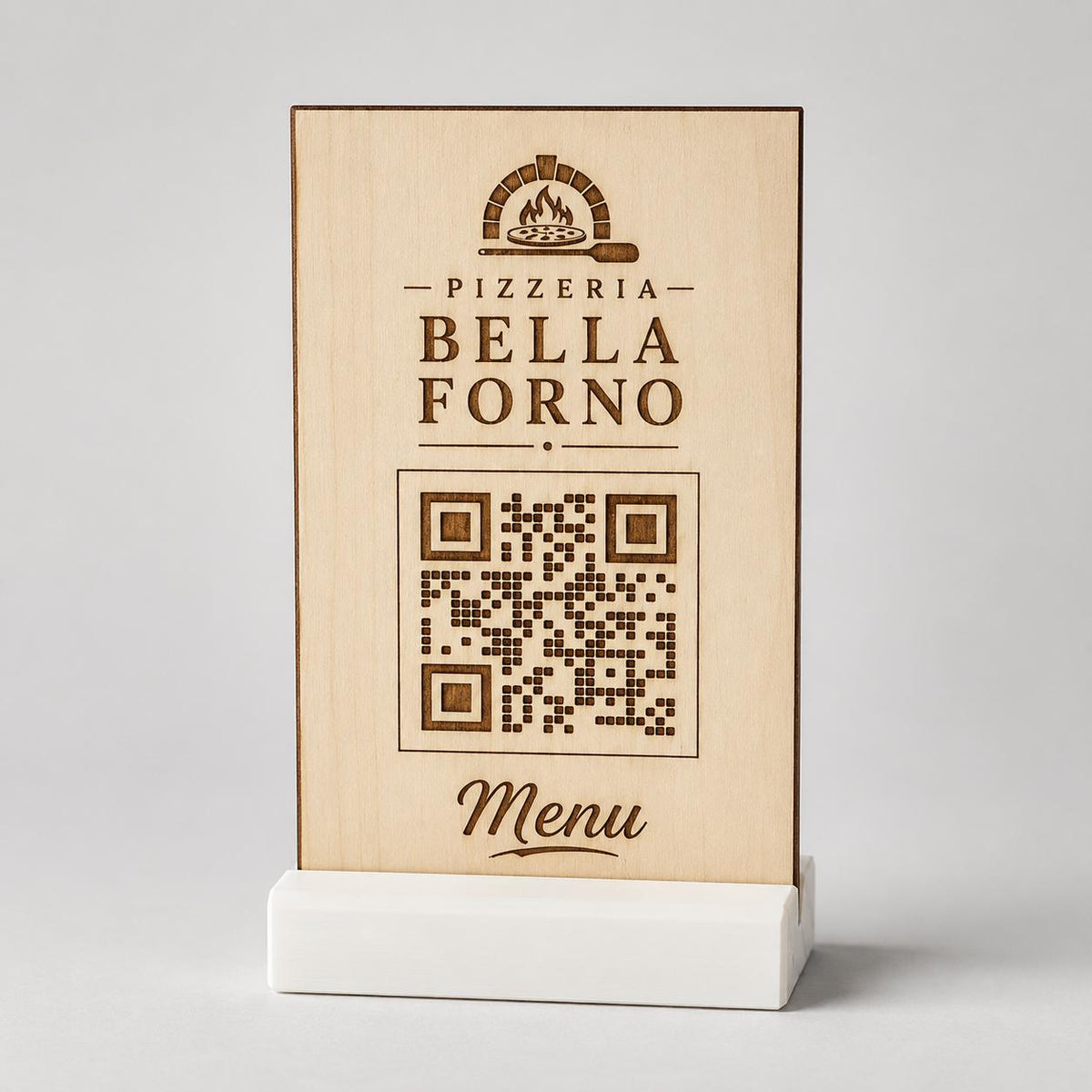 Totem qr code in legno e base in 3d in plastica per caffetterie bar pasticceria bakery floreale qr code design rustico moderno