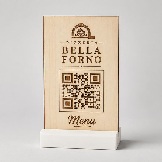 Totem qr code in legno e base in 3d in plastica per caffetterie bar pasticceria bakery floreale qr code design rustico moderno