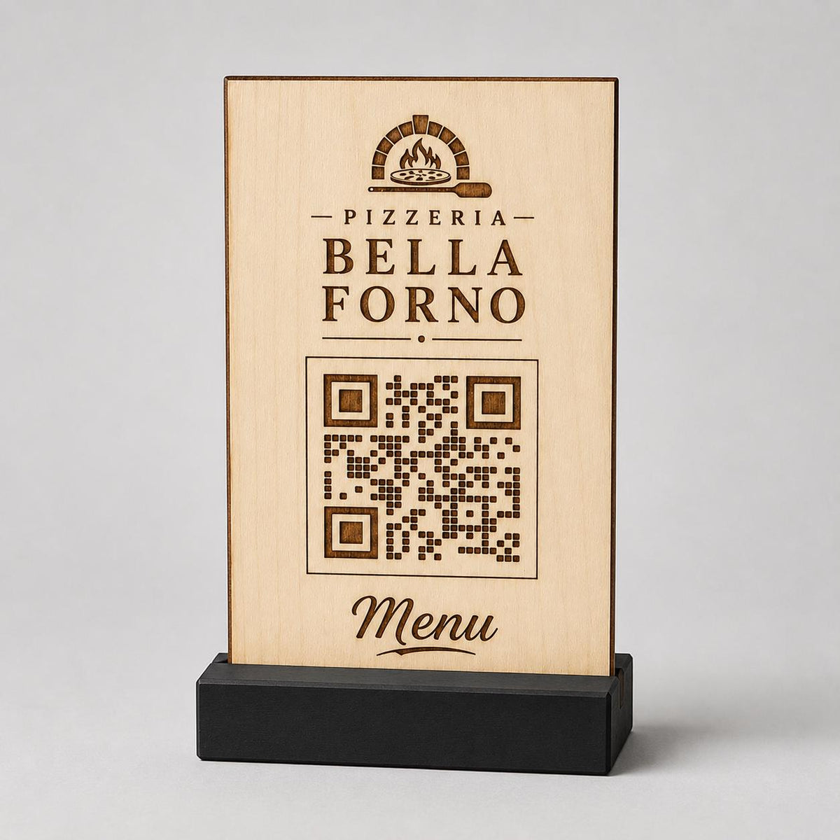 Totem qr code in legno e base in 3d in plastica per caffetterie bar pasticceria bakery floreale qr code design rustico moderno