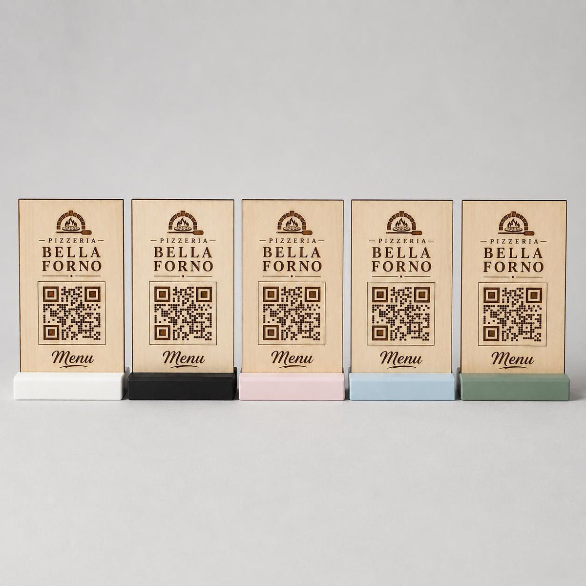 Totem QR Code da tavolo con base stampata in 3D, pannello in pioppo e vano decorativo
