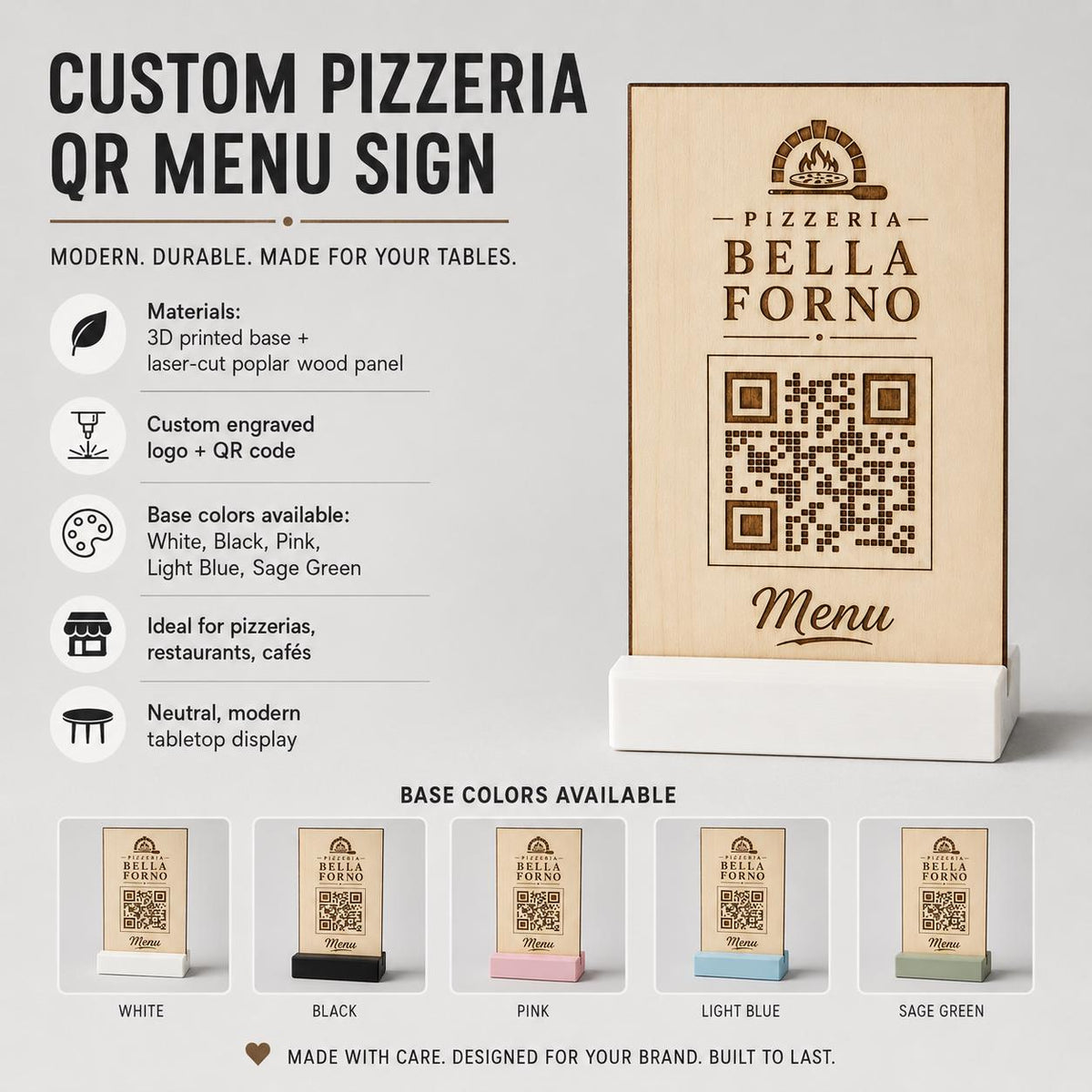 Totem qr code in legno e base in 3d in plastica per caffetterie bar pasticceria bakery floreale qr code design rustico moderno