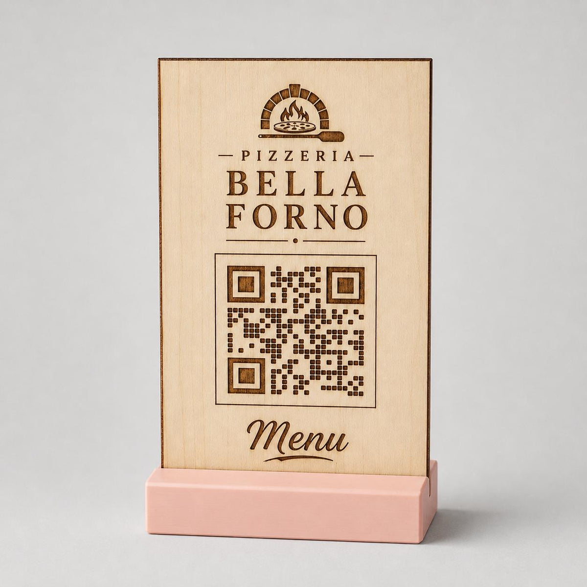 Totem QR Code da tavolo con base stampata in 3D, pannello in pioppo e vano decorativo