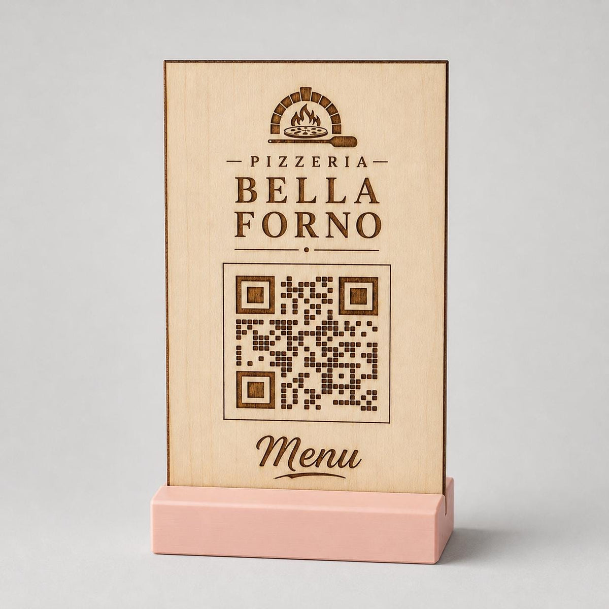 Totem qr code in legno e base in 3d in plastica per caffetterie bar pasticceria bakery floreale qr code design rustico moderno