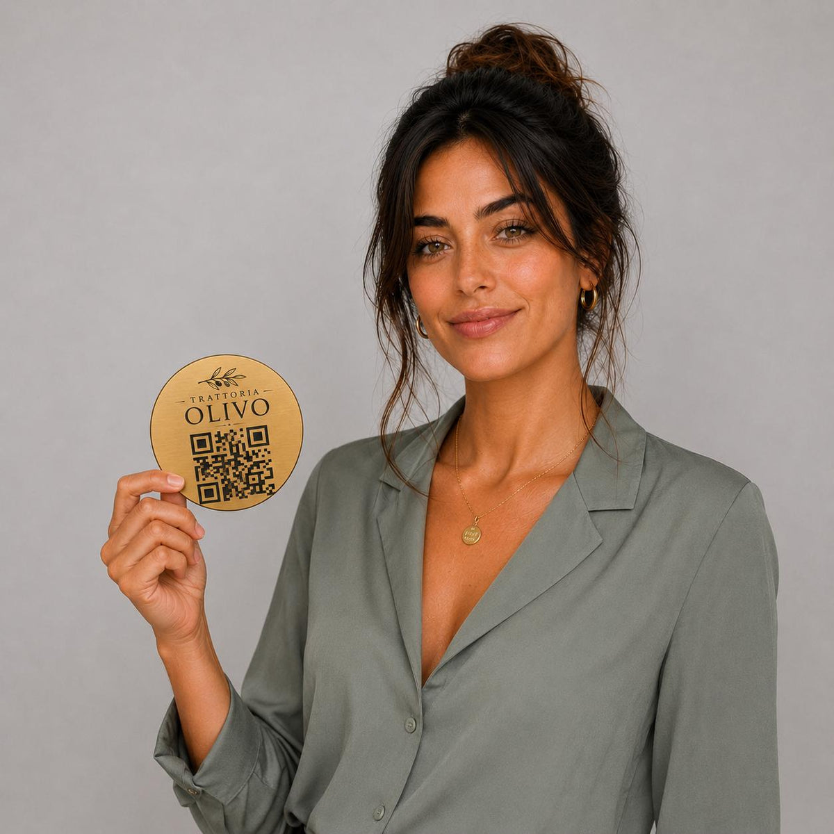 Targa rotonda personalizzata con codice QR per menu contactless - Ristoranti, hotel, bar - Collegamento a Instagram, Facebook, acciaio abs