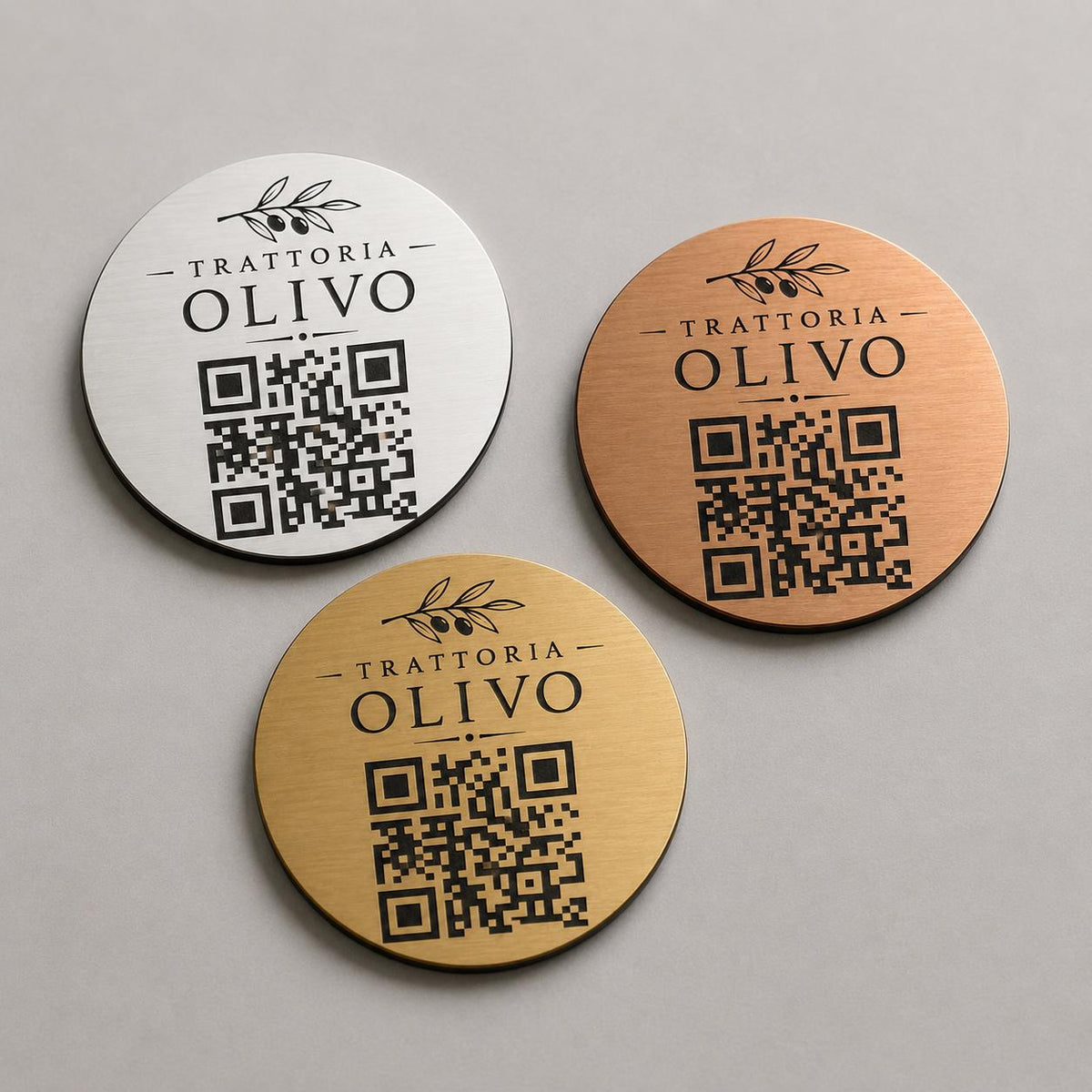 Targa rotonda personalizzata con codice QR per menu contactless - Ristoranti, hotel, bar - Collegamento a Instagram, Facebook, acciaio abs
