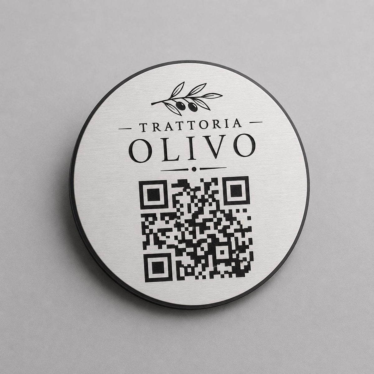 Targa rotonda personalizzata con codice QR per menu contactless - Ristoranti, hotel, bar - Collegamento a Instagram, Facebook, acciaio abs
