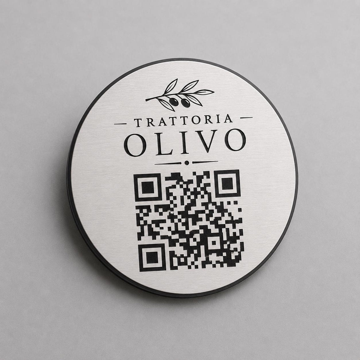 Targa rotonda personalizzata con codice QR per menu contactless - Ristoranti, hotel, bar - Collegamento a Instagram, Facebook, acciaio abs