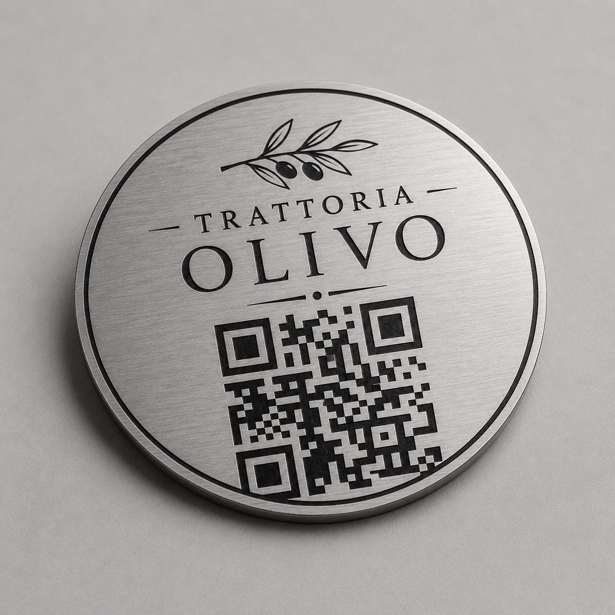 Targa rotonda personalizzata con codice QR per menu contactless - Ristoranti, hotel, bar - Collegamento a Instagram, Facebook, acciaio abs
