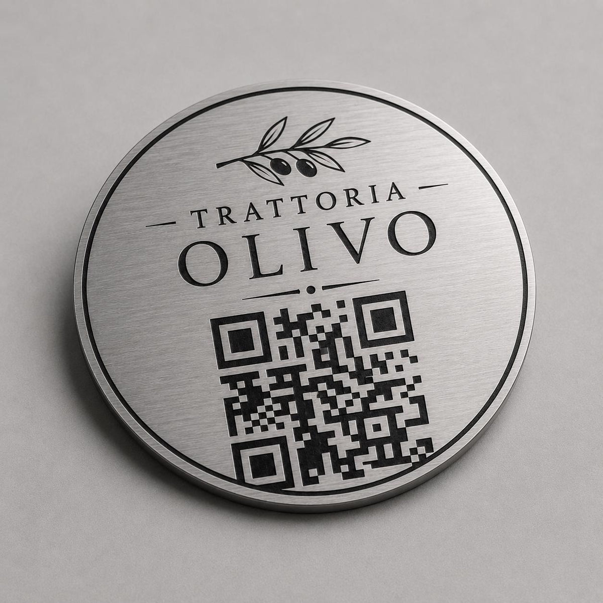Targa rotonda personalizzata con codice QR per menu contactless - Ristoranti, hotel, bar - Collegamento a Instagram, Facebook, acciaio abs