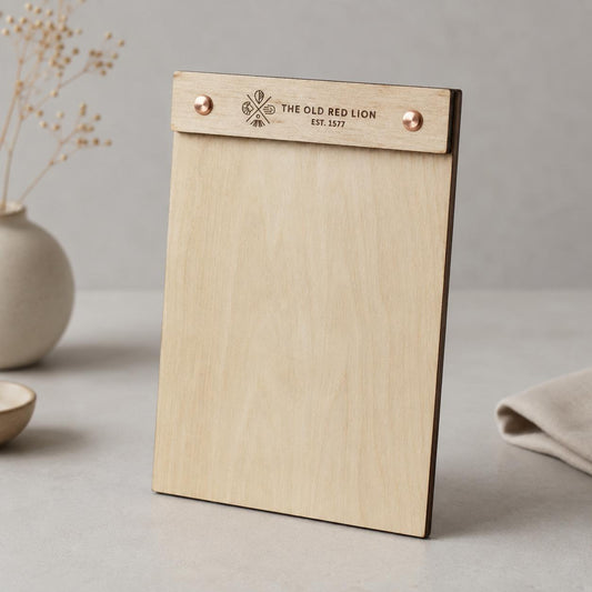 Portamenu verticale in legno di pioppo con incisione logo ristorante personalizzato, menu inciso laser a bacchetto formato a4