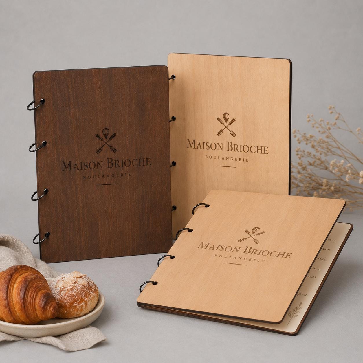 Portamenu A4 noce in Legno Personalizzato | Menu Ristorante con Anelli | Copertina Menu in Pioppo Incisa Laser per Bar, Café e Ristoranti
