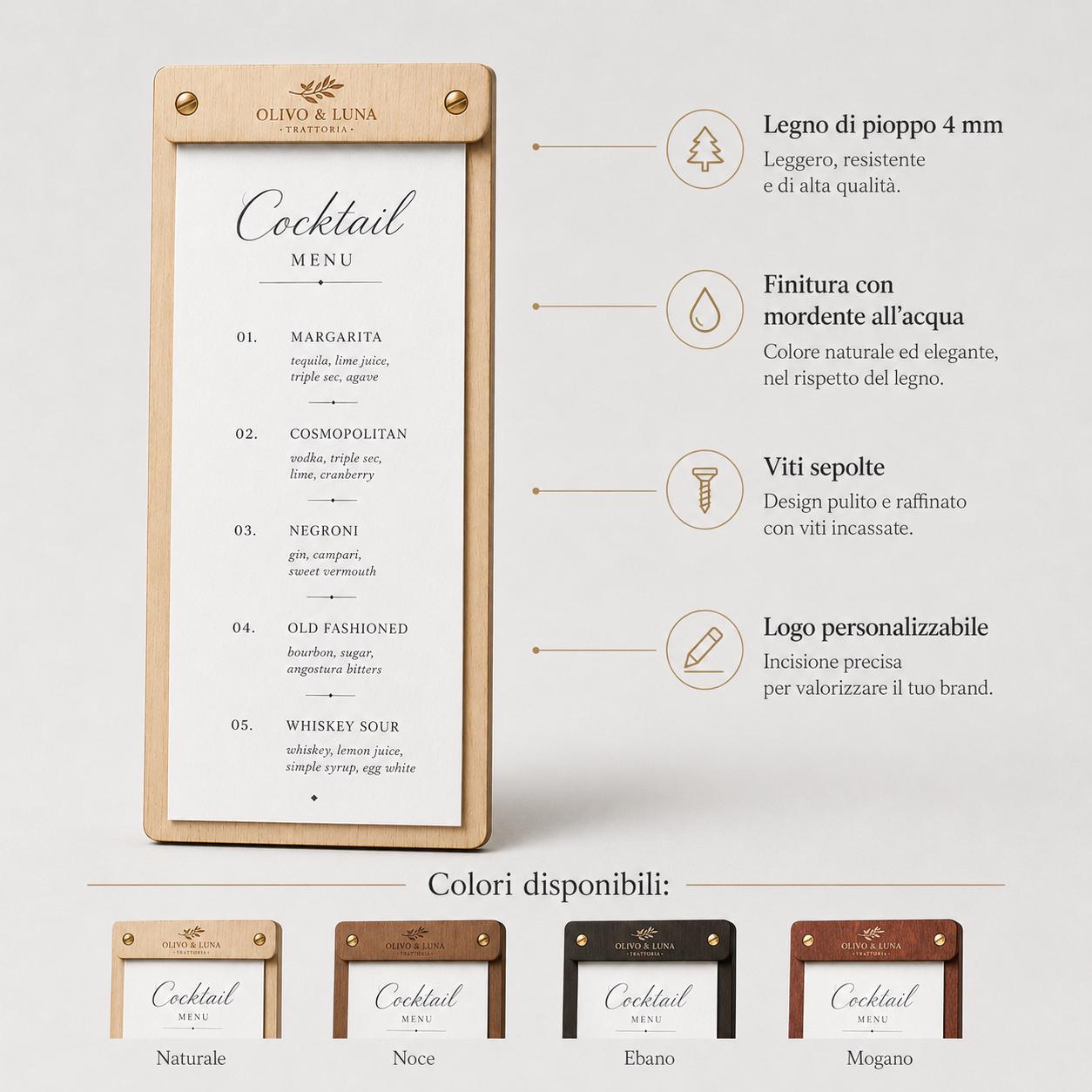 Portamenu tavoletta cocktails ebano in legno bacchetta stretta formato A4 Personalizzato | Menu Ristorante personalizzato| Copertina