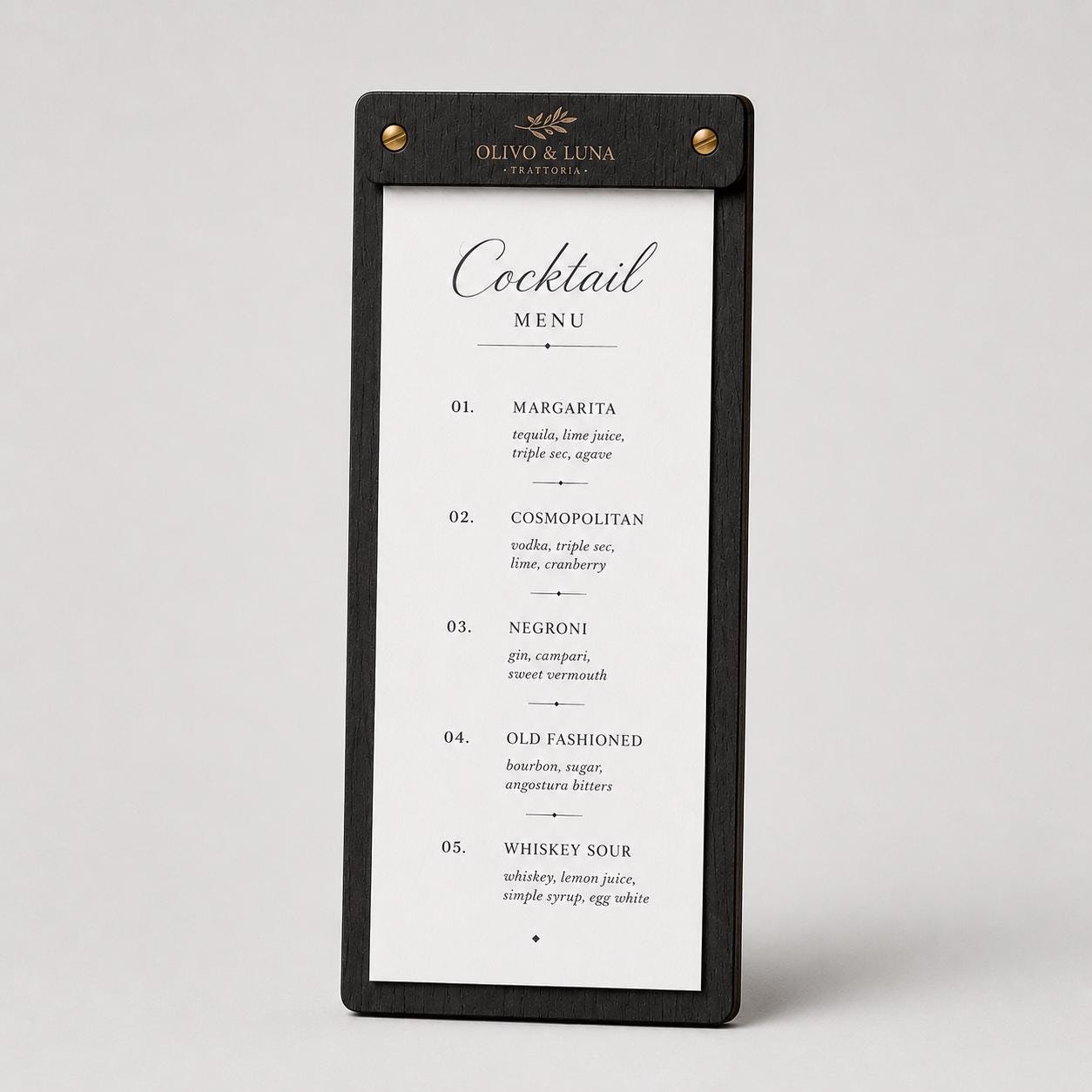 Portamenu tavoletta cocktails ebano in legno bacchetta stretta formato A4 Personalizzato | Menu Ristorante personalizzato| Copertina
