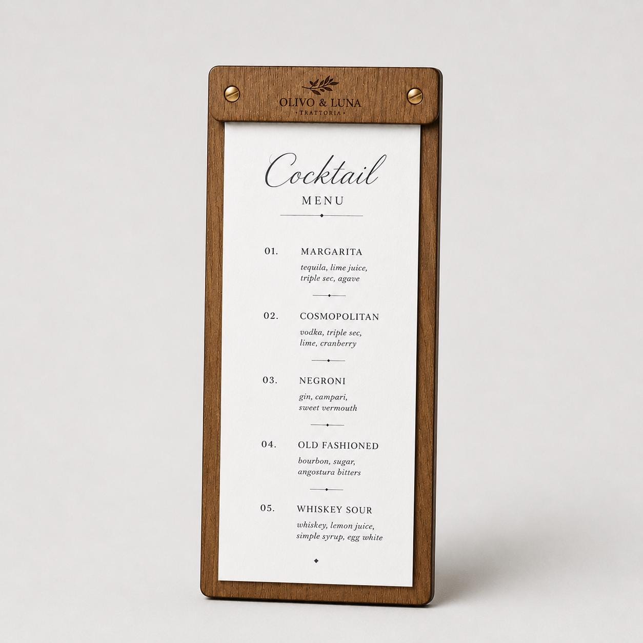 Portamenu tavoletta cocktails mogano in legno bacchetta stretta formato A4 Personalizzato | Menu Ristorante personalizzato| Copertina