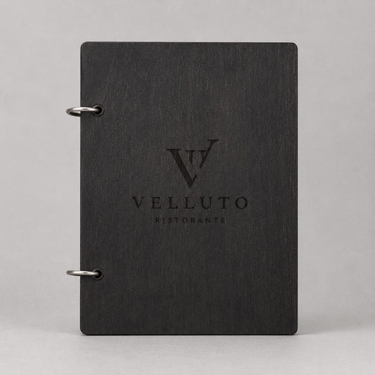 Portamenu A5 Legno Personalizzato | Menu Ristorante con Anelli | Copertina Menu in Pioppo Incisa Laser per Bar, Café e Ristoranti
