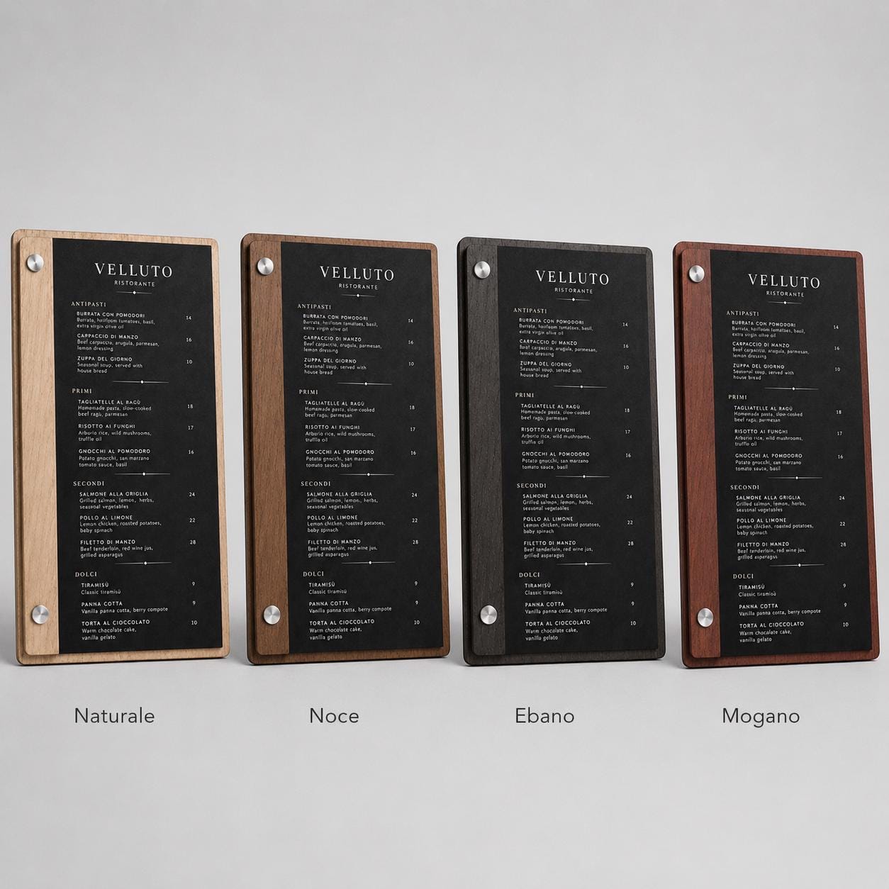 Portamenu orizzontale in legno di pioppo colore ebano con incisione logo ristorante personalizzato, menu inciso laser a bacchetto formato a4