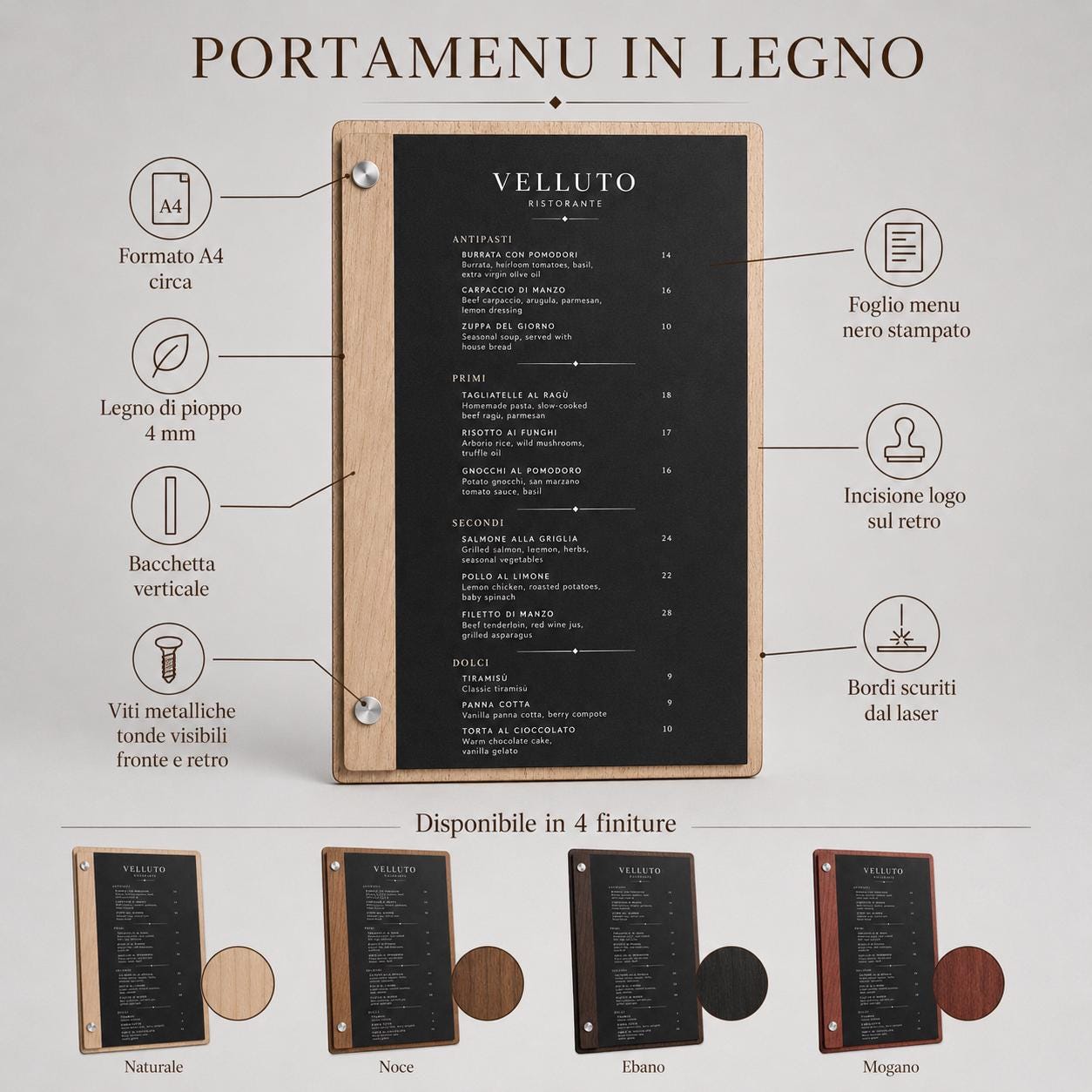 Portamenu orizzontale in legno di pioppo colore ebano con incisione logo ristorante personalizzato, menu inciso laser a bacchetto formato a4