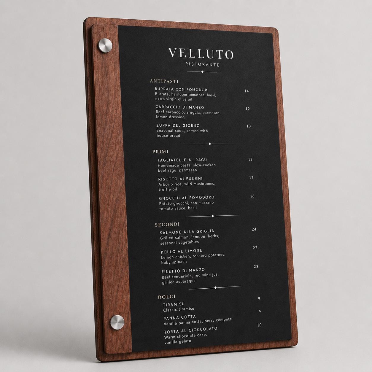 Portamenu orizzontale in legno di pioppo colore ebano con incisione logo ristorante personalizzato, menu inciso laser a bacchetto formato a4