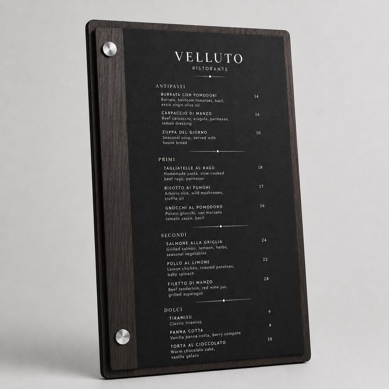Portamenu orizzontale in legno di pioppo colore ebano con incisione logo ristorante personalizzato, menu inciso laser a bacchetto formato a4