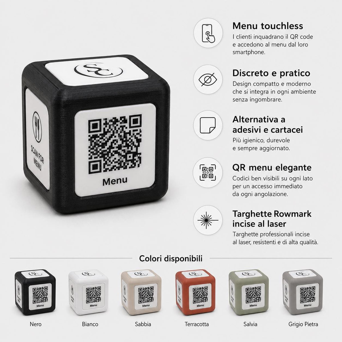 Cubo Espositore QR Code Personalizzato | Menu Digitale, Social Media, Wi-Fi | Stampa 3D e Incisione Laser | Per Ristoranti, Bar ed Eventi