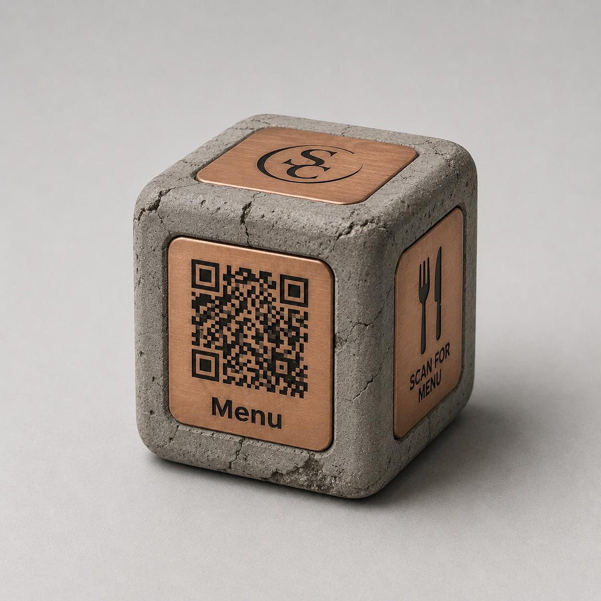 Cubi qr cemento e rame Espositore QR Code Personalizzato | Effetto cemento Menu Digitale, Social Media, Wi-Fi | Stampa 3D e Incisione