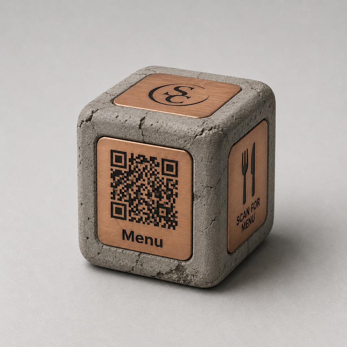 Cubi qr cemento e rame Espositore QR Code Personalizzato | Effetto cemento Menu Digitale, Social Media, Wi-Fi | Stampa 3D e Incisione