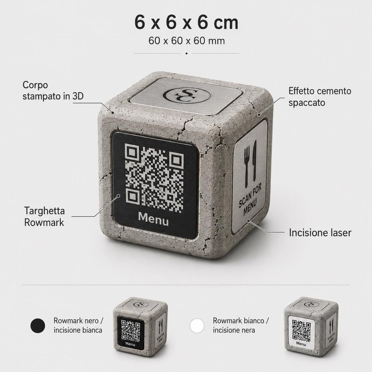 Cubi qr cemento e rame Espositore QR Code Personalizzato | Effetto cemento Menu Digitale, Social Media, Wi-Fi | Stampa 3D e Incisione