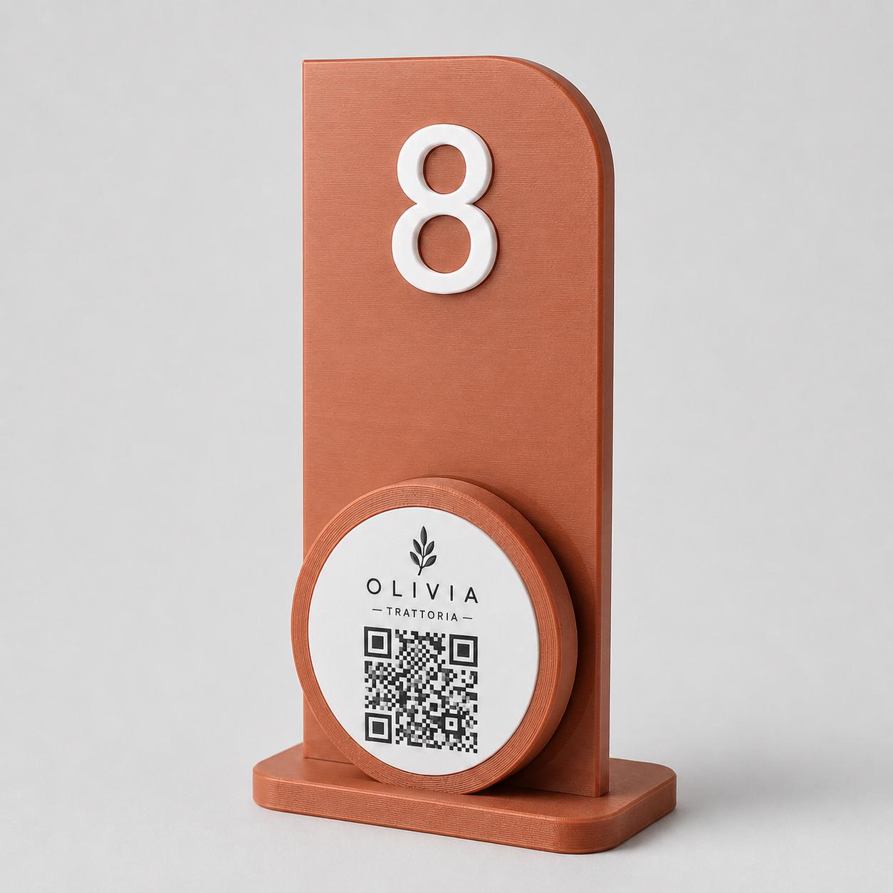 Portanumero da Tavolo terracotta QR Code, Segnatavolo Personalizzato per Ristoranti e Trattorie, Stampa 3D Minimalista, Porta Menu Digitale
