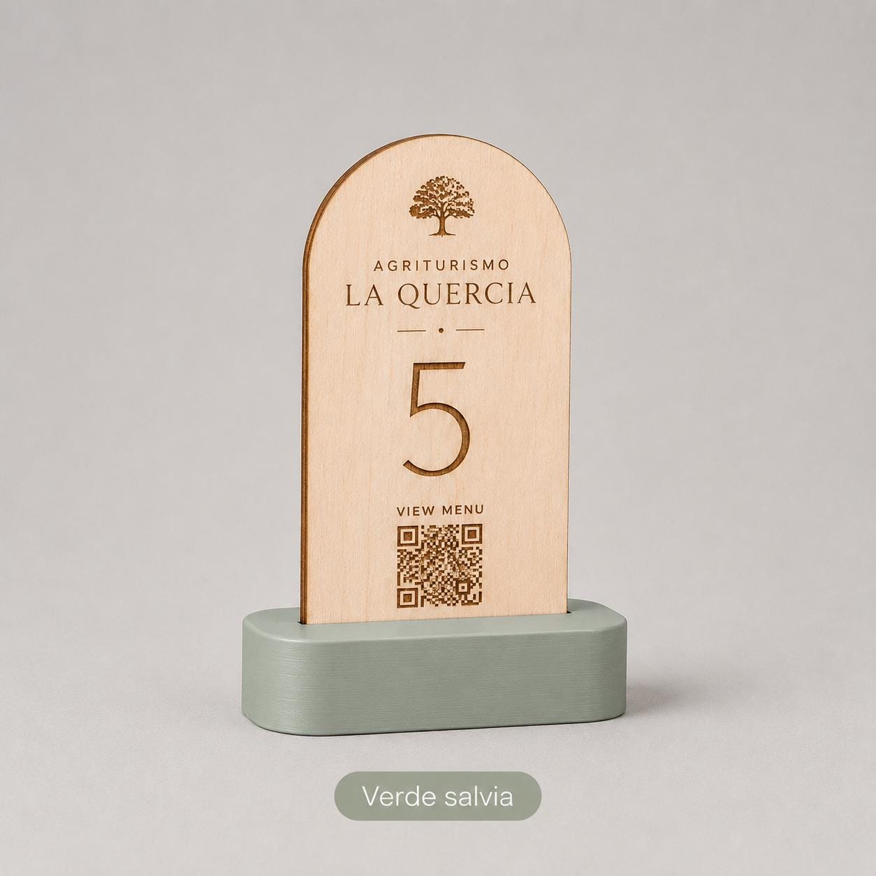 Portanumero incisoo al laser in legno Tavolo Azzurro con QR Code Personalizzato | Stand in Legno di Pioppo e Base 3D | Segnatavolo