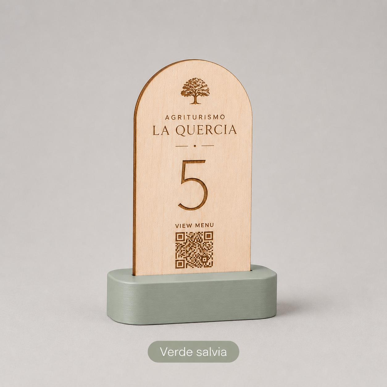 Portanumero Tavolo Azzurro con QR Code Personalizzato | Stand in Legno di Pioppo e Base 3D | Segnatavolo per Agriturismo, Ristorante, Bar