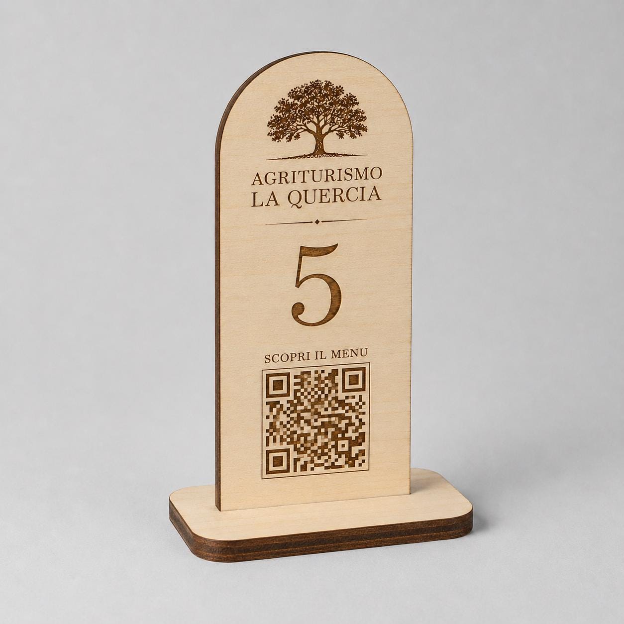 Portamenu QR Code in Legno, Segnaposto Matrimonio Country Chic, Numeri Tavolo Personalizzati con Logo, Accessori Trattoria e Cantina