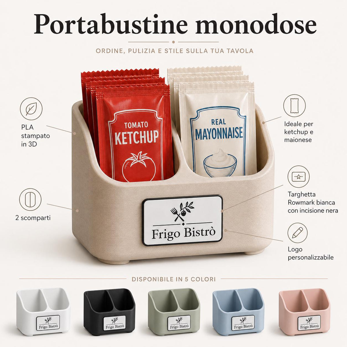 PortaSALSE Monodose in Stampa 3D con Logo, Organizer Salse 2 Scomparti per Ristorante, Burger Bar e Bistrot, Pack Forniture Horeca