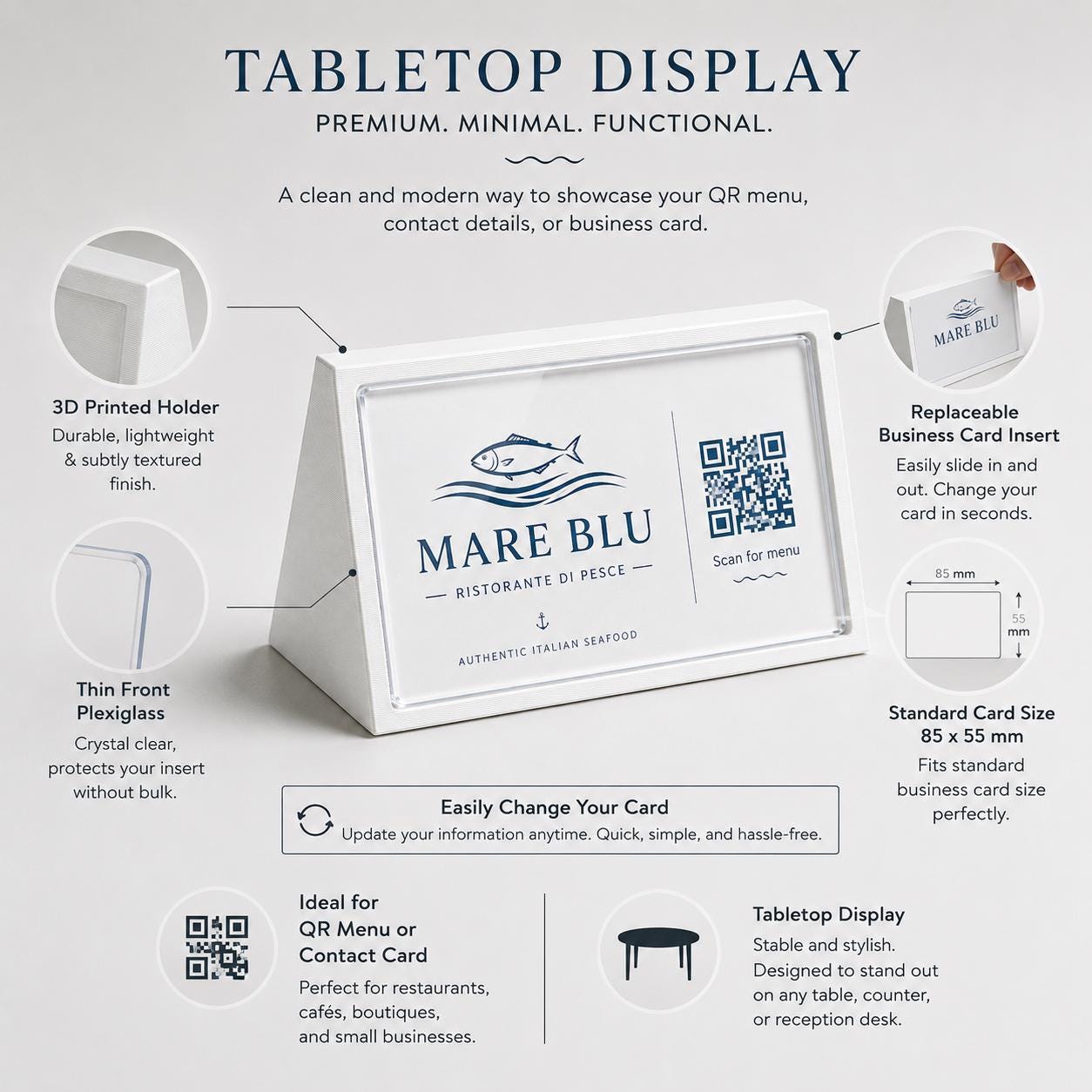 Porta QR Code da Tavolo per Ristoranti | Supporto Biglietto da Visita Personalizzabile | Espositore Menu QR in Stampa 3D con Plexiglass