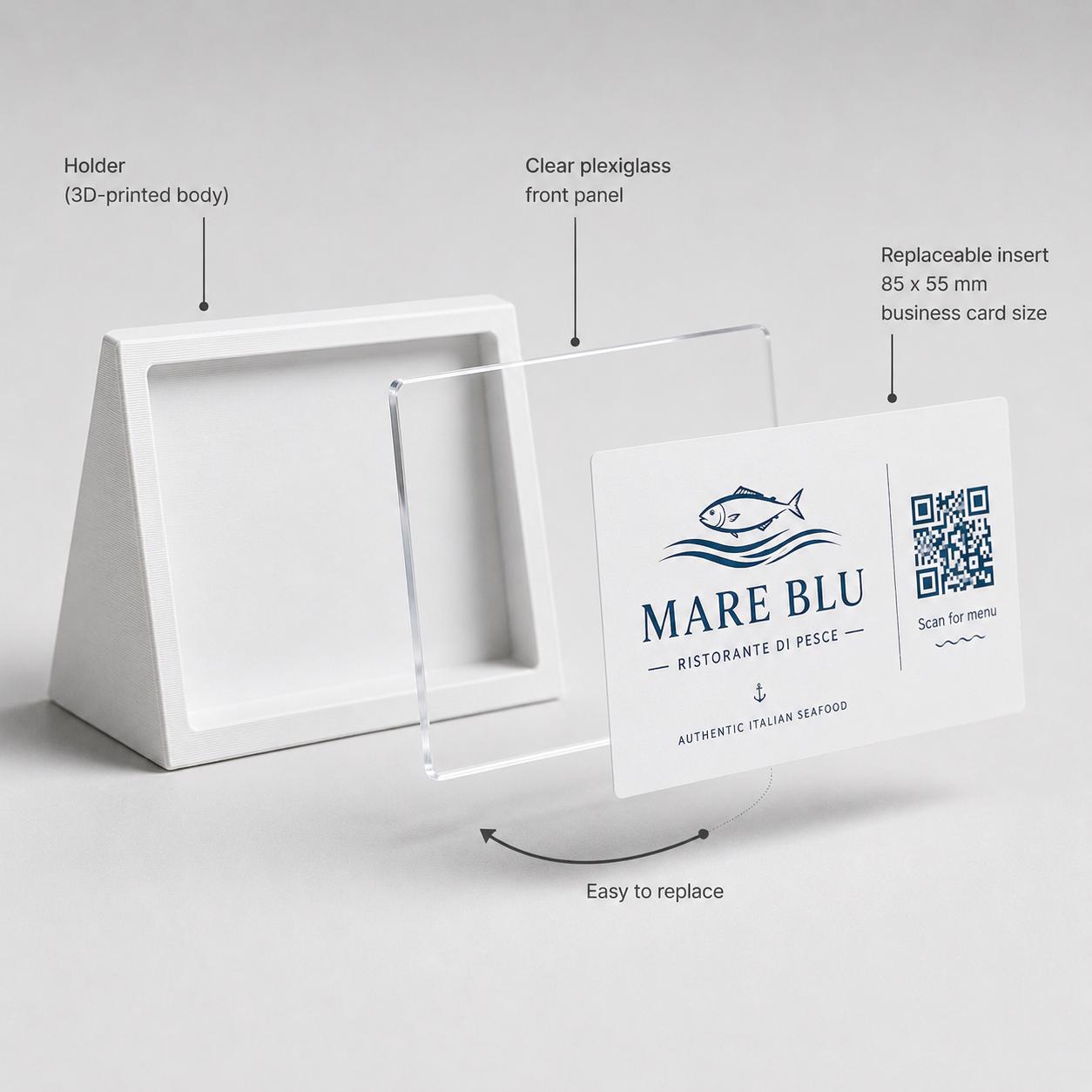 Porta QR Code da Tavolo per Ristoranti | Supporto Biglietto da Visita Personalizzabile | Espositore Menu QR in Stampa 3D con Plexiglass