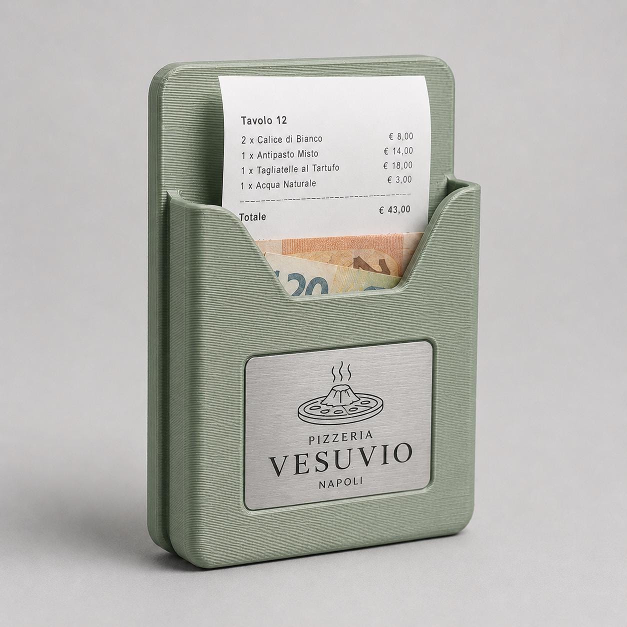 Portaconto Pocket Ristorante verde 3D con Targhetta Effetto Acciaio bianco | Porta Conto Moderno per Ristoranti | Check Presenter