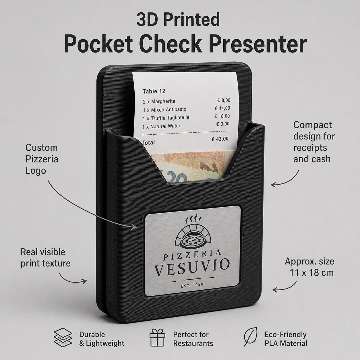 Portaconto Pocket Ristorante verde 3D con Targhetta Effetto Acciaio bianco | Porta Conto Moderno per Ristoranti | Check Presenter