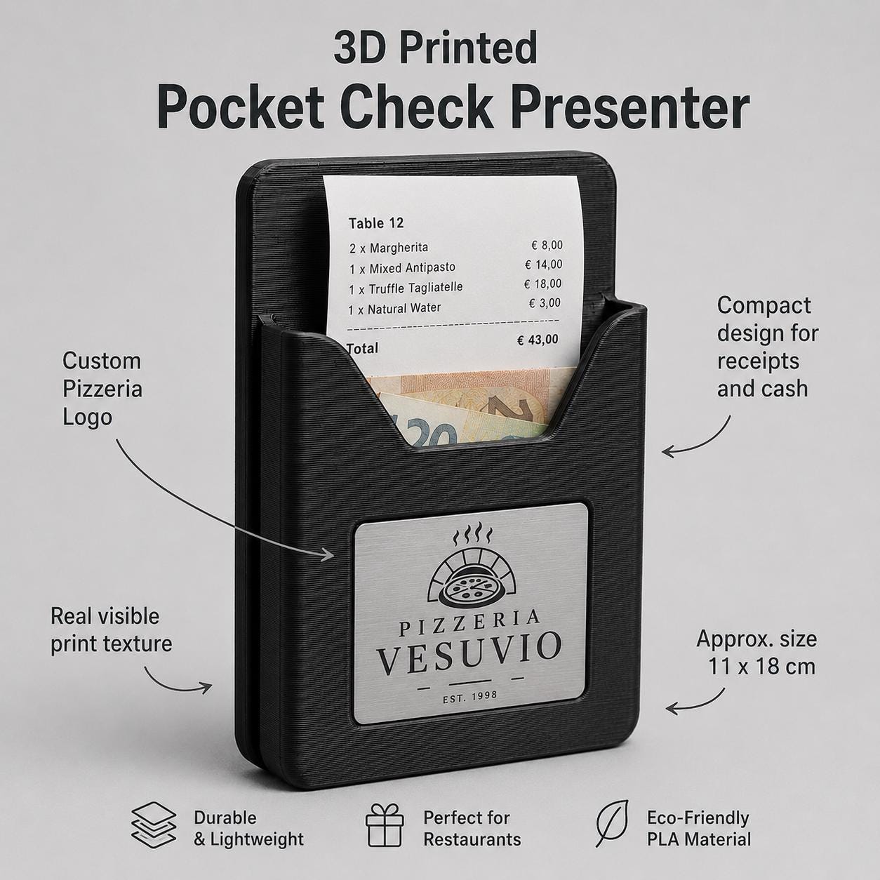 Portaconto Pocket Ristorante verde 3D con Targhetta Effetto Acciaio verde | Porta Conto Moderno per Ristoranti | Check Presenter