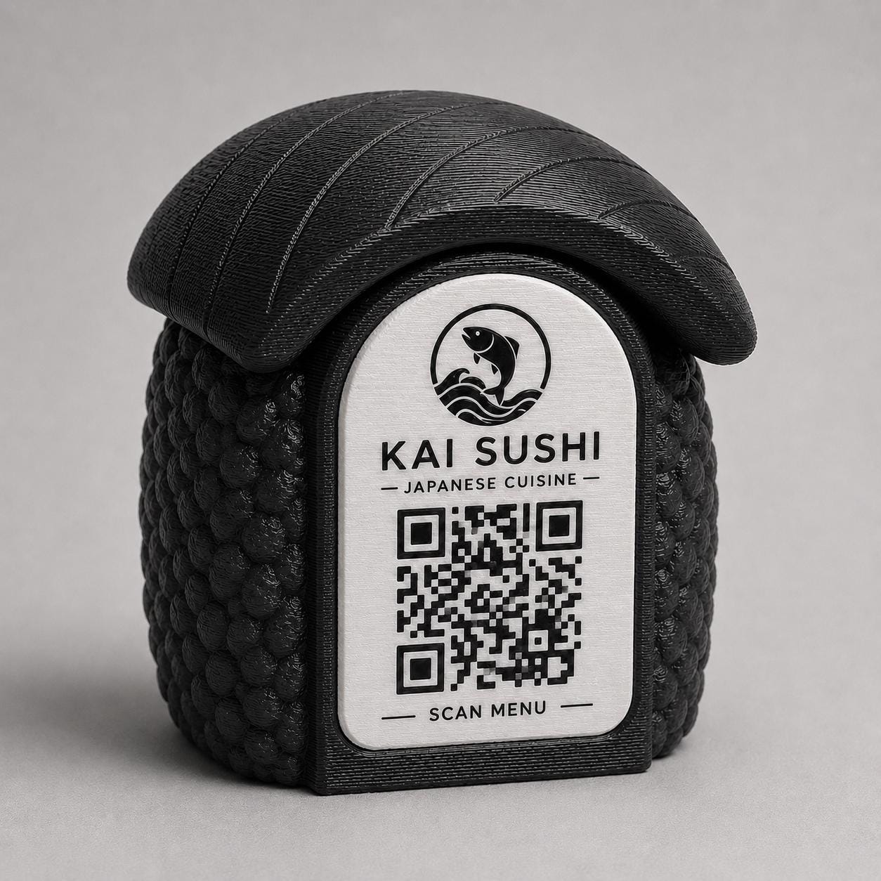Porta Menu QR Code sushi nigiri Personalizzato, Espositore 3D per Tavoli Ristorante e Bar, Segnatavolo con Incisione Logo, Supporto Moderno