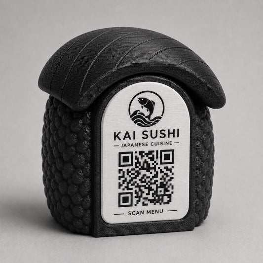 Porta Menu QR Code sushi nigiri Personalizzato, Espositore 3D per Tavoli Ristorante e Bar, Segnatavolo con Incisione Logo, Supporto Moderno