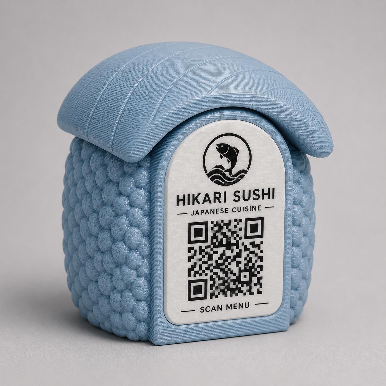 Porta Menu QR Code sushi nigiri Personalizzato, Espositore 3D per Tavoli Ristorante e Bar, Segnatavolo con Incisione Logo, Supporto Moderno