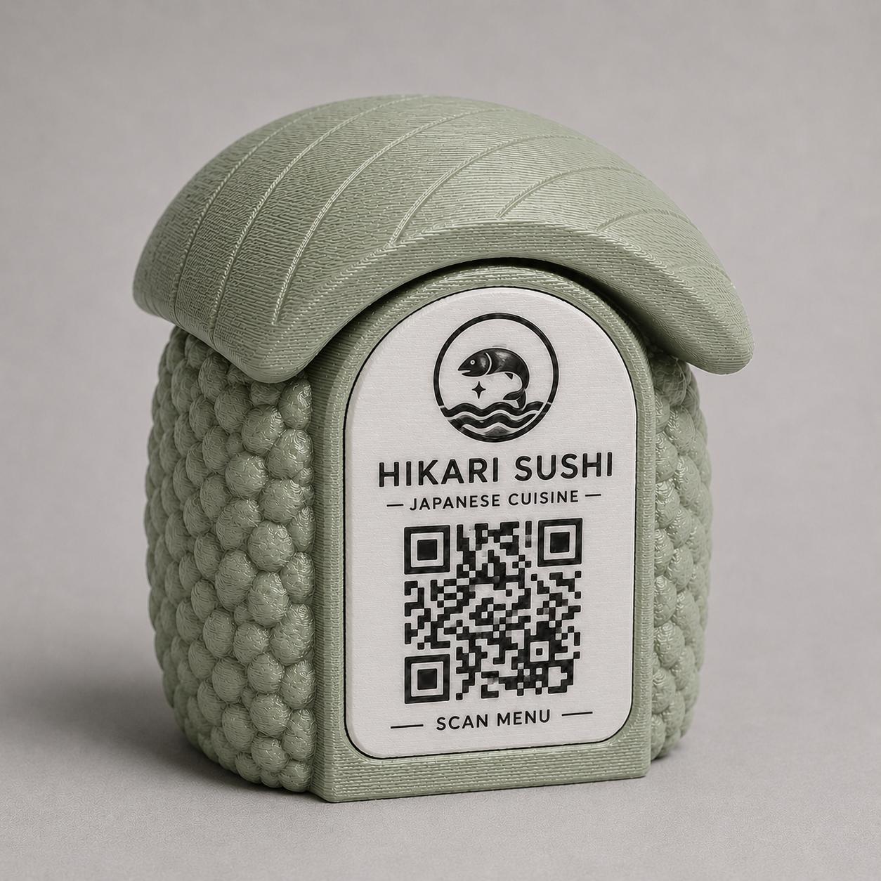 Porta Menu QR Code sushi nigiri Personalizzato, Espositore 3D per Tavoli Ristorante e Bar, Segnatavolo con Incisione Logo, Supporto Moderno