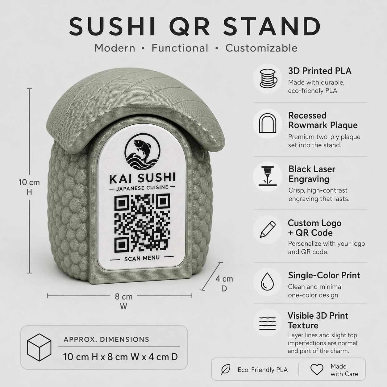 Porta Menu QR Code sushi nigiri Personalizzato, Espositore 3D per Tavoli Ristorante e Bar, Segnatavolo con Incisione Logo, Supporto Moderno